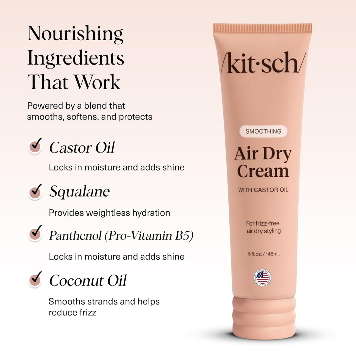 Kitsch Smoothing Air Dry Cream for Hair – Frizz Control Hair Care Product with Castor Oil & Coconut Oil – Weightless Styling Cream - Enhances Natural Texture Appearance | Ideal Gifts for Women – 5 oz
