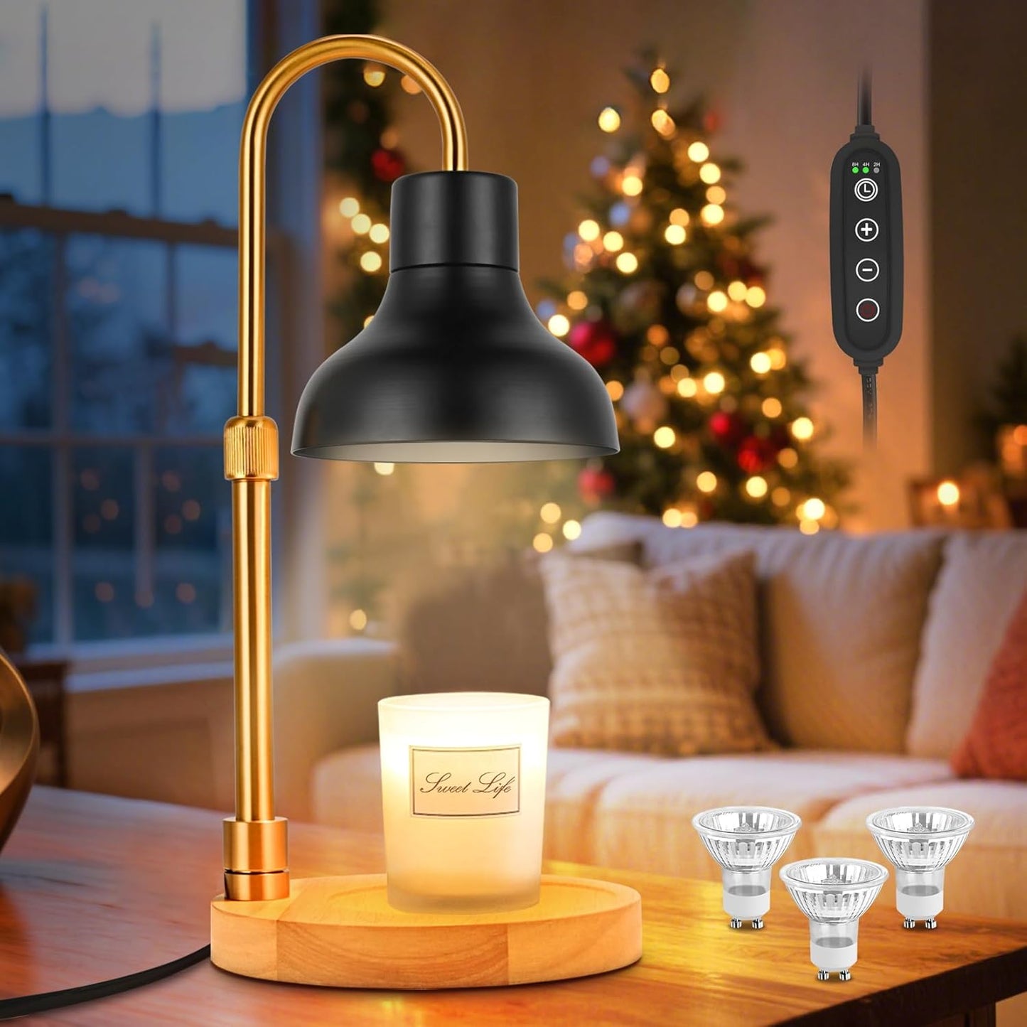 Candle Warmer Lamp with Timer & 3 Bulbs, Dimmable Electric CandleLight Adjustable Height and Brightness Candle Wax Warmer for Jar Candles Bedroom Home Decor House Warming Gift for Women (Black)