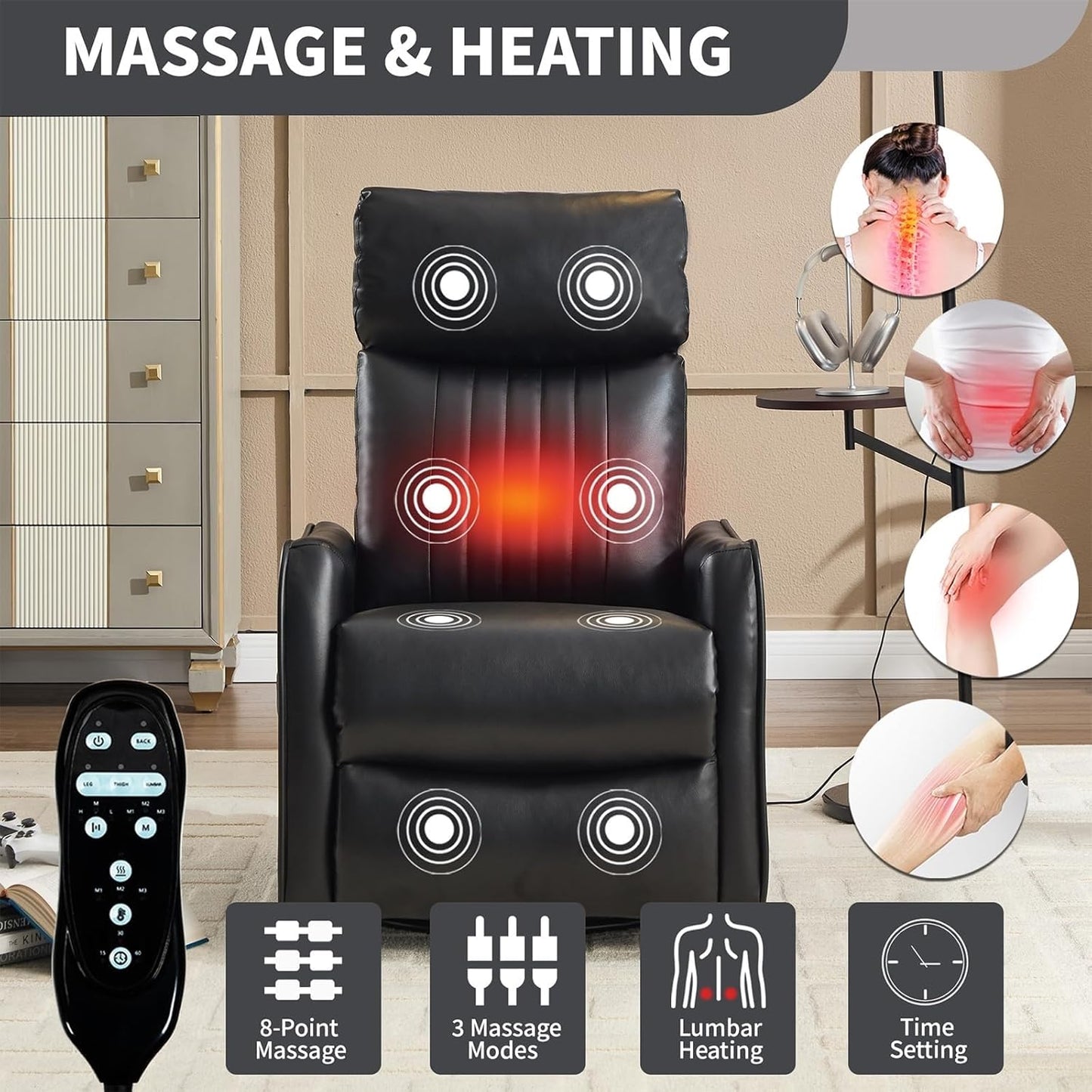 Massage Recliner Chair with Heat Adults Adjustable Footrest High Back Swivel Rocking Recliners Chairs for Small Spaces Living Room Bedroom Meeting