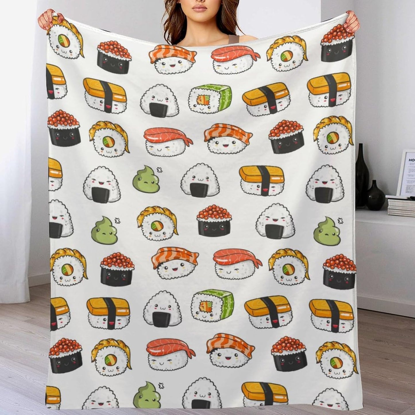Cartoon Kawaii Sushi Super Soft Cozy Throw Blanket, Lightweight Fuzzy Comfy Flannel Blanket Warm Plush Throw Blankets for Couch, Sofa, Bed Travel and Camping Blanket Gifts 60"x50"