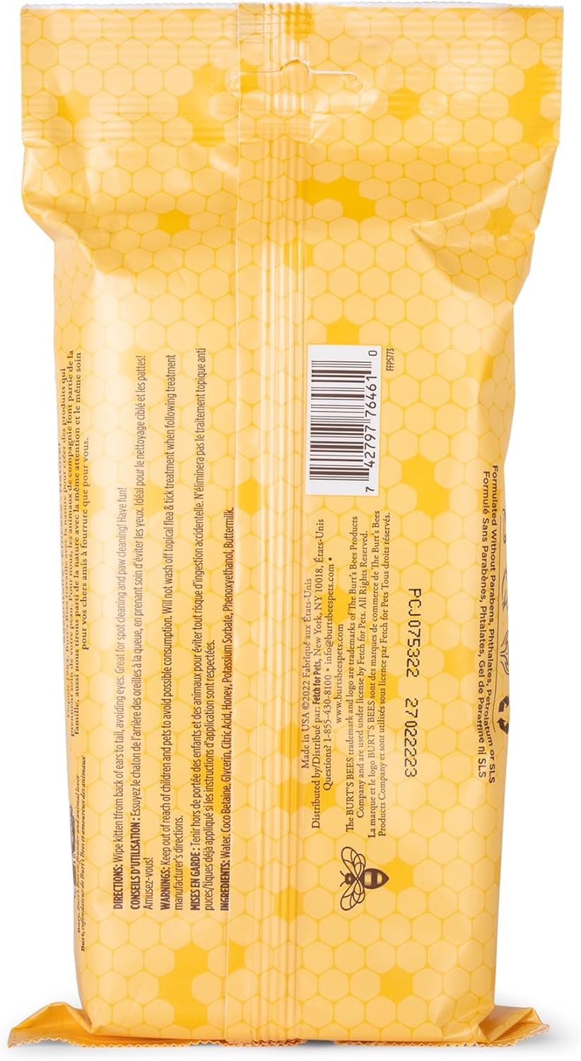 Burt's Bees for Pets Kitten Grooming Wipes with Buttermilk and Honey, Waterless Cat Bath Wipes for Face, Paws, Tail and Coat Cleaning, Gentle Bath Alternative for Indoor Felines, 50 Count