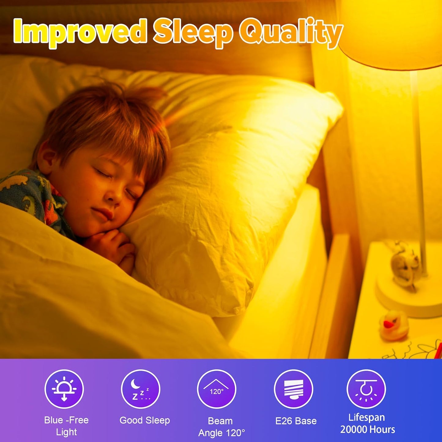 Amber Sleep Light Bulbs, Blue Light Blocking, A19 9W(60 Watt Equivalent) Dim Light Bulbs for Lamp, 1800K Warm Light Bulb, E26 for Healthy Sleep Bedroom Kids Room, 4.30X2.35X2.35 Inch, 2 Pack