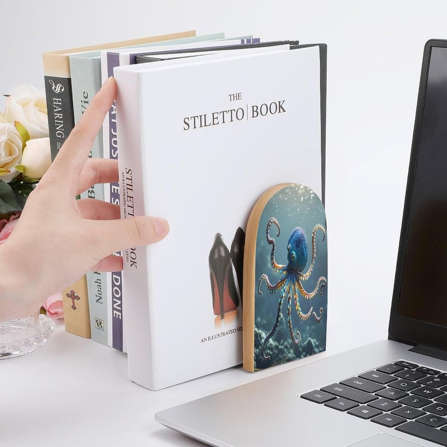 Octopus Bookends 1 Pair Heavy Duty Book Ends for Shelves Non-Skid Bookend Supports Wooden Book Holders with Metal Base Desk Organizers Books Storage to Hold Books