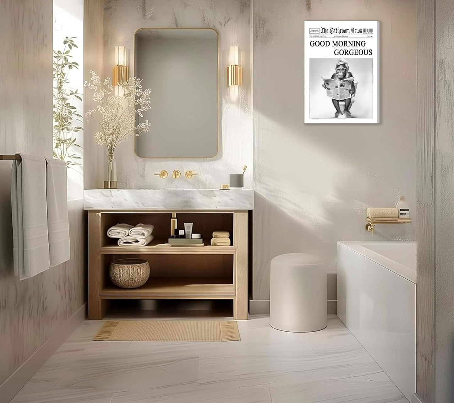 Funny Gorilla Bathroom Canvas Wall Art Black White Gorilla Reading Newspapers Painting Picture Wall Decor Humorous Bathroom Animals Poster Print Artwork for Toilet Home Decoration 12x16in