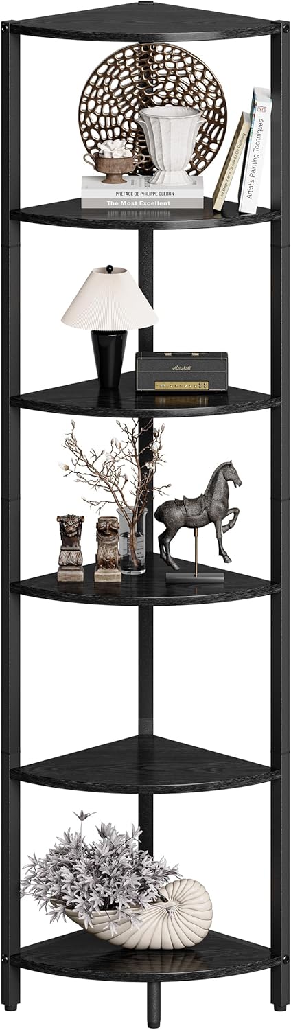 6 Tier Corner Shelf 63.1" Tall Corner Shelves stand Ladder shelf metal Standing Bookshelf Organizer Display Rack Bookcase Plant Stand Industrial for Living Room Bedroom Black Wood grain CS-001B3