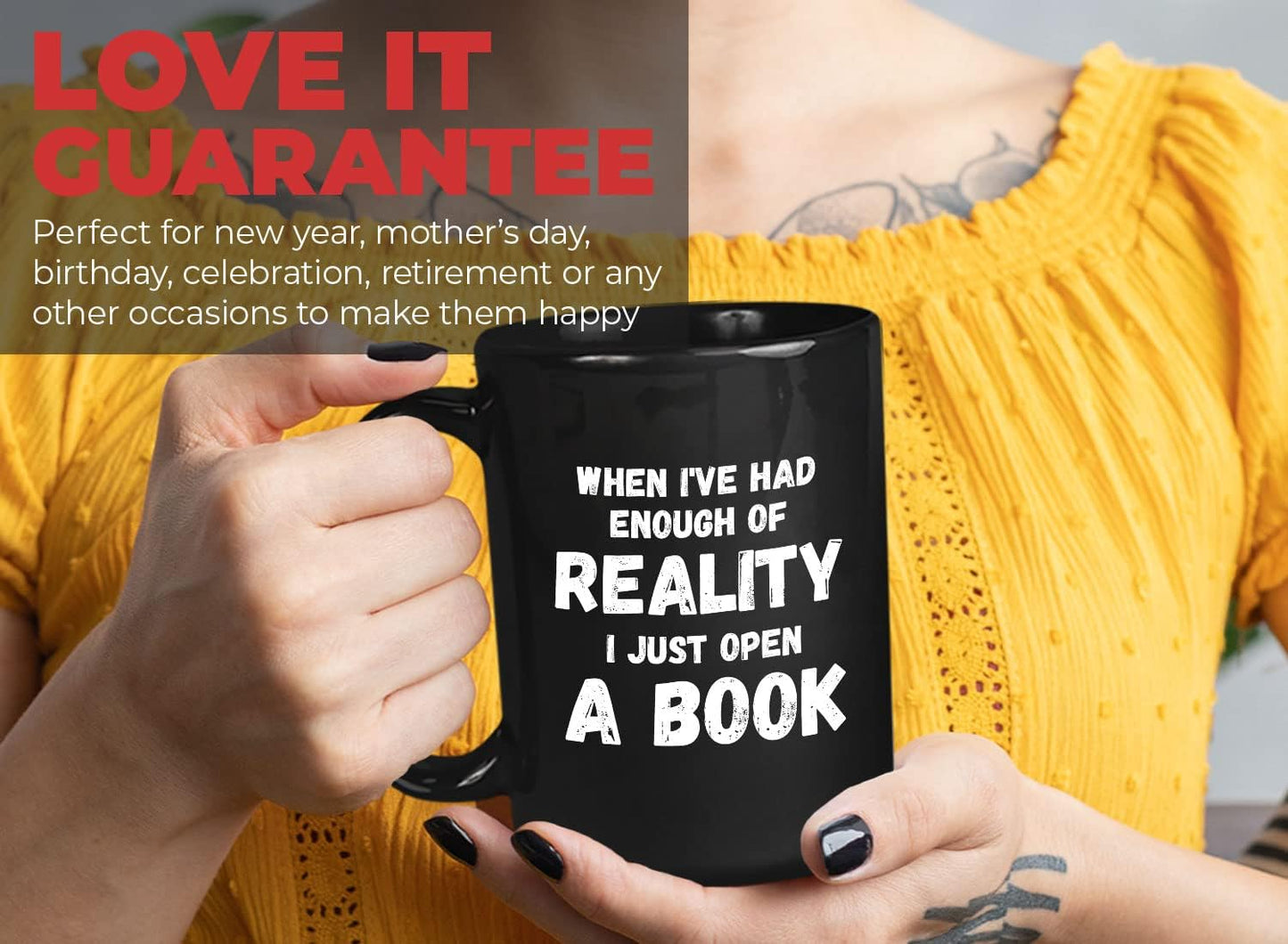 Bubble Hugs Book Lover Coffee Mug 15oz Black - Had Enough of Reality - Reading Reader Open a Book Lover Bookish Novelist Librarian Writer