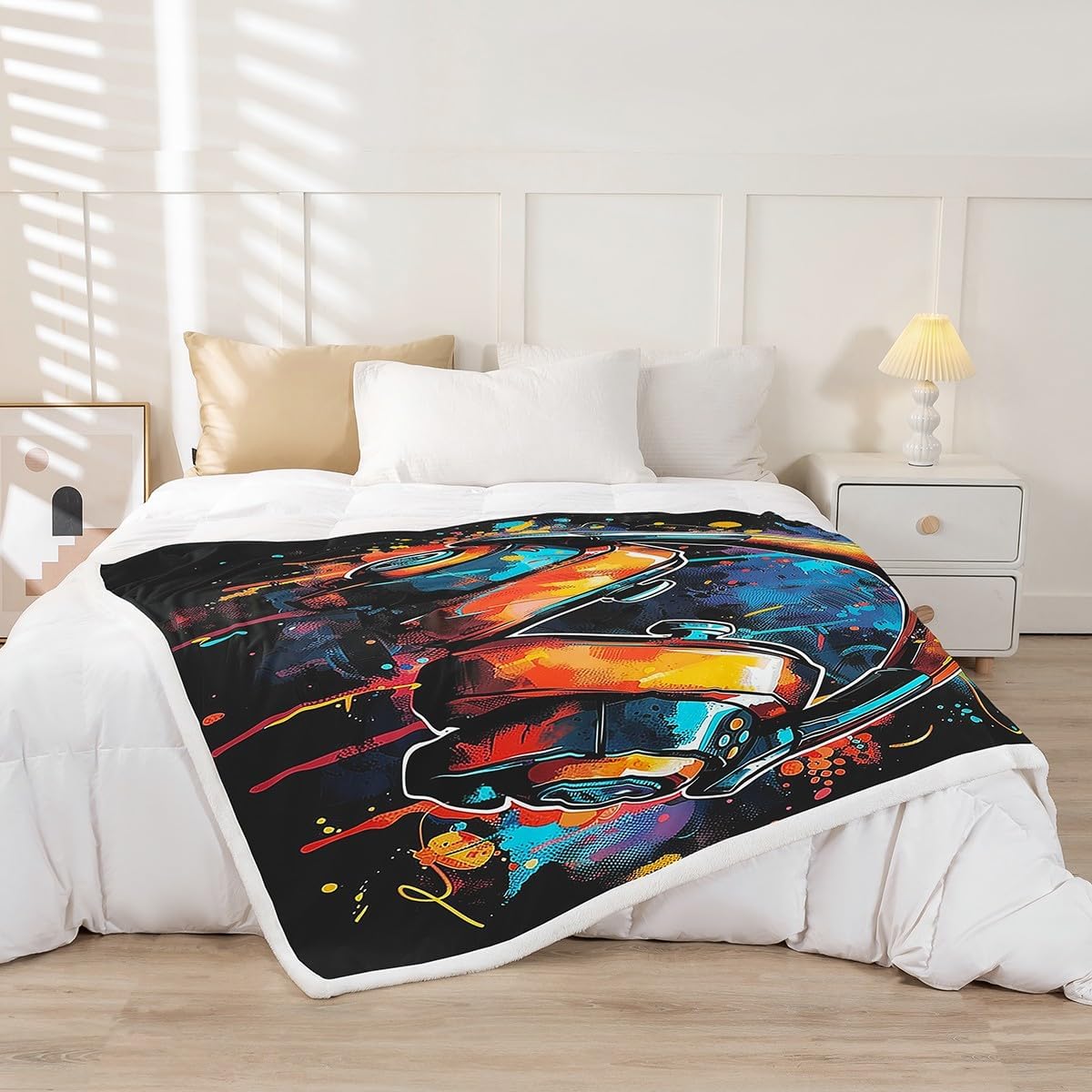 Erosebridal Headphones Blanket Throw 50"x60",Music Theme Headphone Blankets and Throws for Kids Boys Girls,Musical Fleece Blanket Grunge Colorful Graffiti Sherpa Blanket Bedroom Decor
