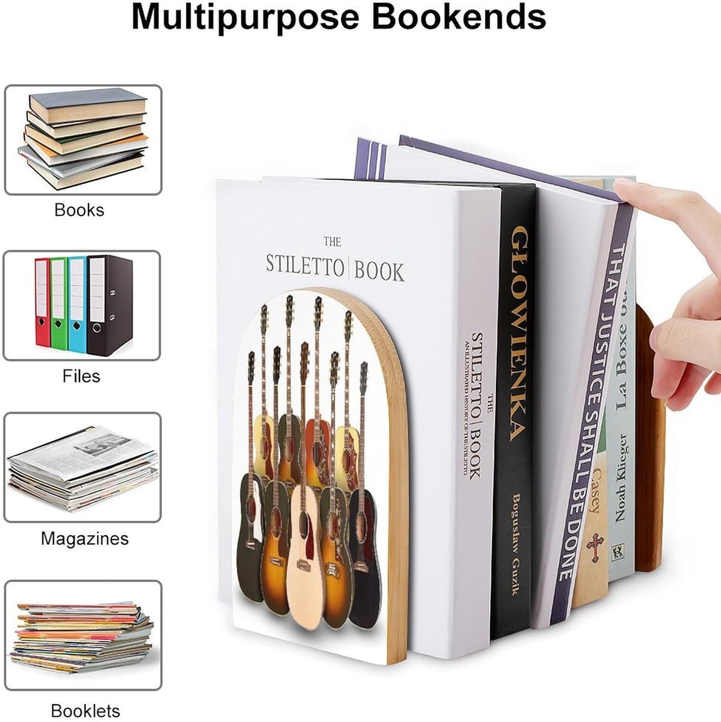 Guitar Wooden Bookend Non-Slip Book Ends Heavy Duty Book Stopper with Metal Base Books Holderd Decorative Bookends Stands Firmly for Office Supplies