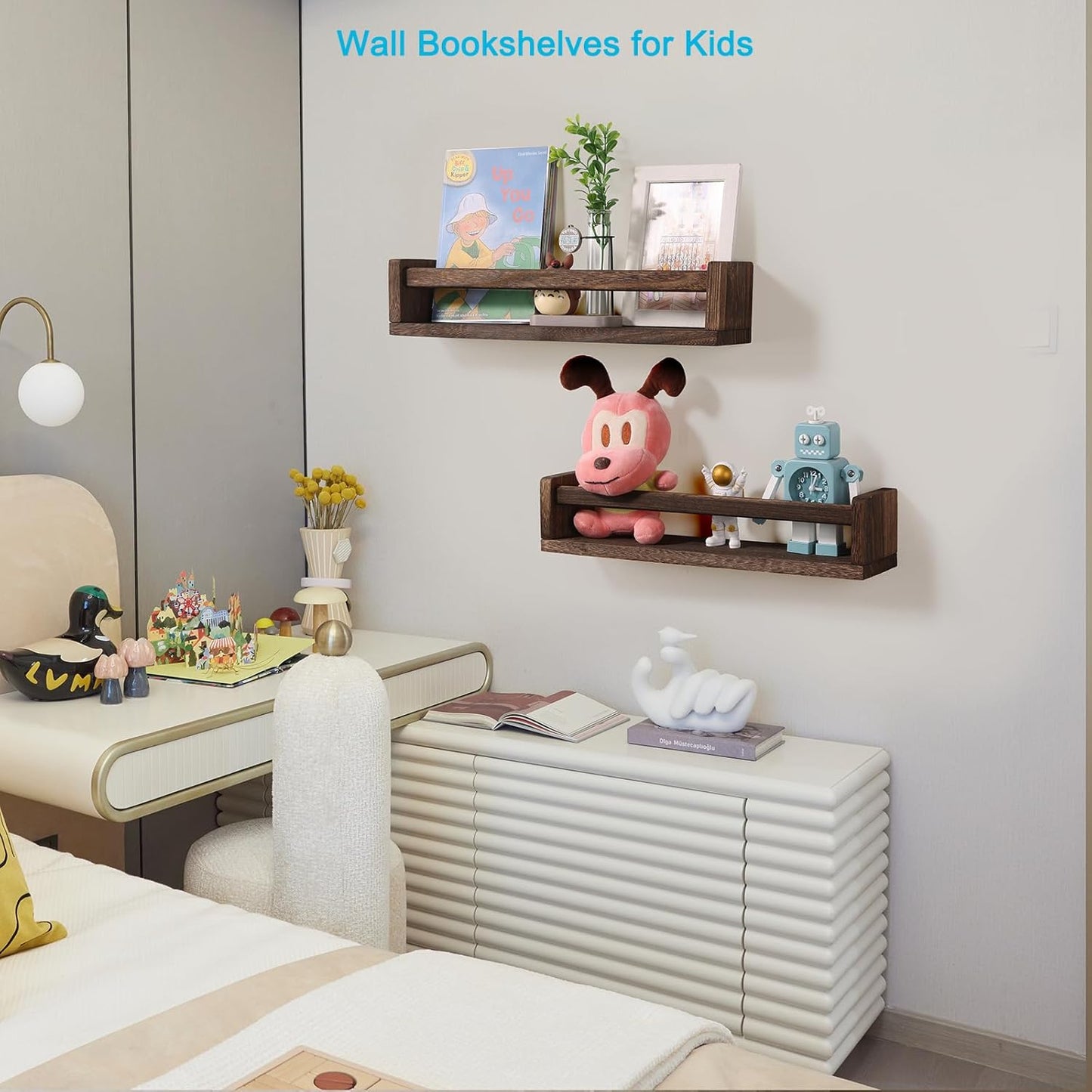Nursery Book Shelves, Set of 2 Wood Floating Book Shelves for Kids Room, Kitchen Spice Rack, or Rustic Wall Mounted Shelves for Farmhouse Bathroom Décor (Carbon Brown)