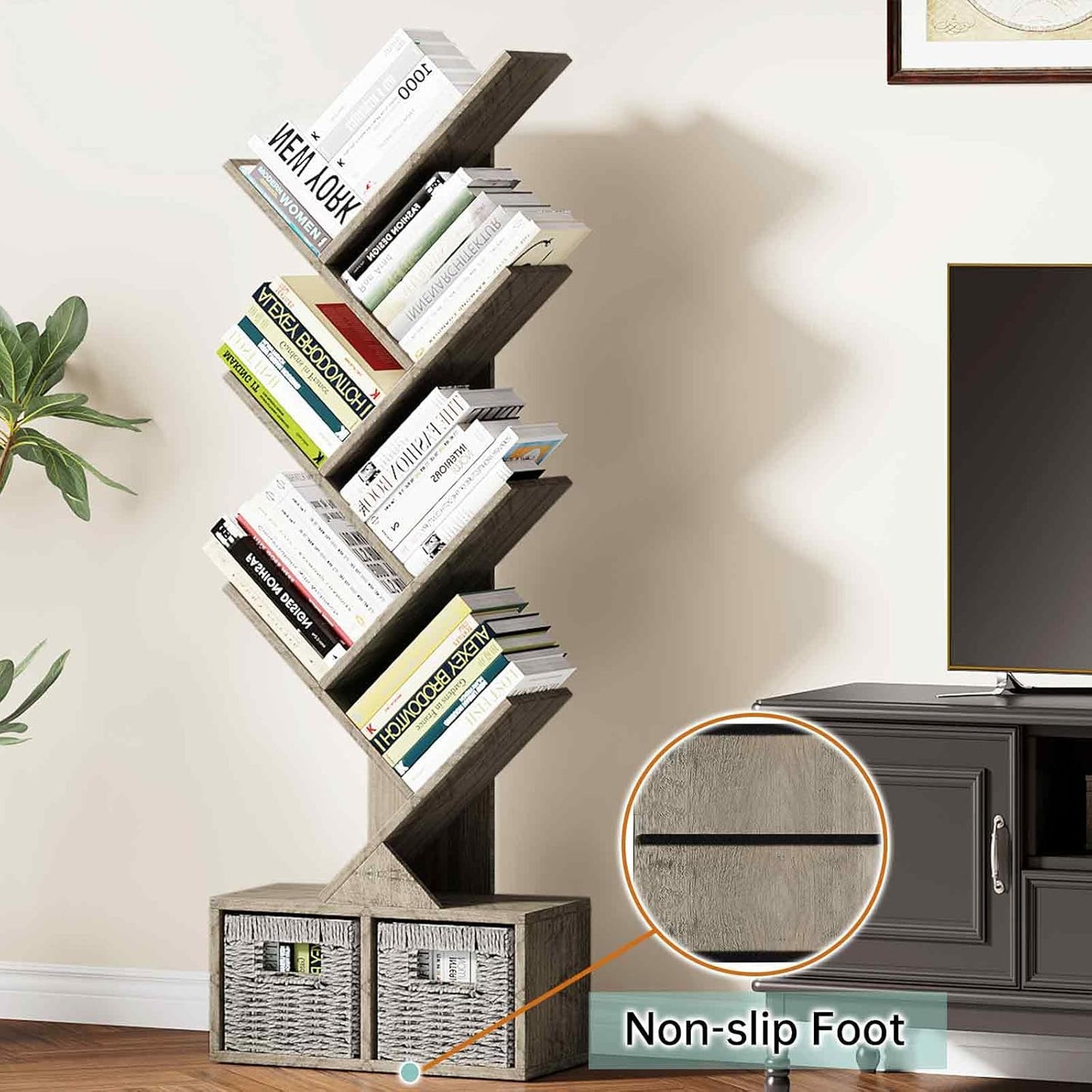 Vagusicc 6 Tier Tree Bookshelf with 2 Storage Cabinets, Tall Display Shelf Organizer for Books, Magazines, Home Decor, Narrow Wooden Floor Standing Bookcase for Living Room, Home Office, Grey