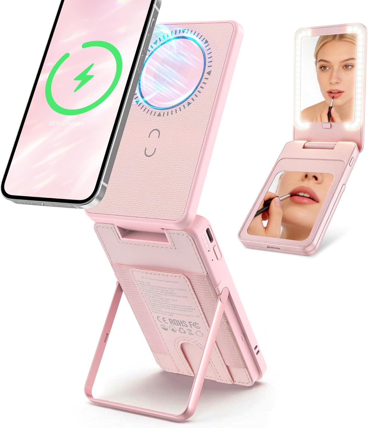 5000mAh Wireless Magnetic Power Bank, for MagSafe Portable Charger with Stand, Light Makeup Mirror, Bluetooth Selfie & USB-C Cable for iPhone17/16/15/14/13/12 Pink Travel Essential for Women