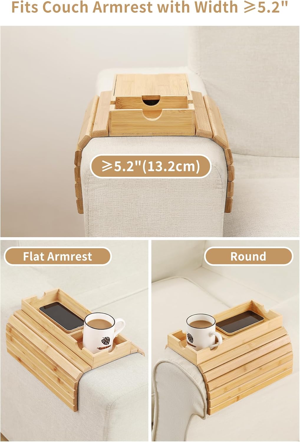 Sofa Arm Tray, Bamboo Large Couch Cup Holder with Hidden Storage, Sofa Armrest Tray Portable Anti-spill Beverage Snack Remote Holder