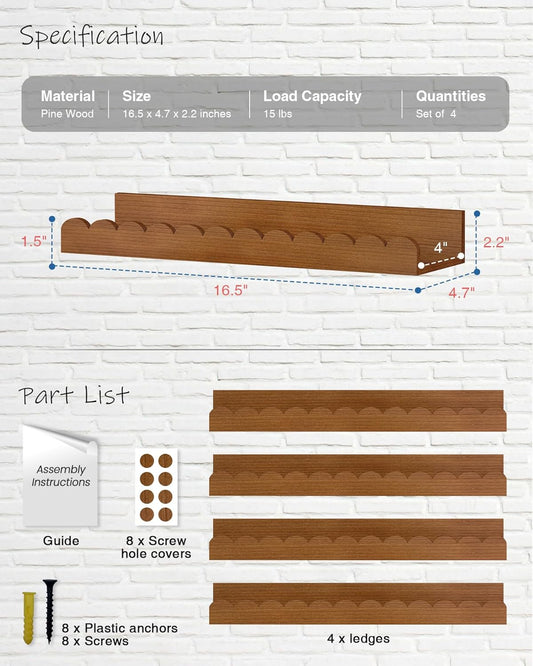 Walnut Nursery Book Shelves Wall Set of 4, Dark Wood Scalloped Floating Bookshelf for Wall, Cloud Wooden Hanging Shelving Unit for Kids Bedroom Baby Child Toddler Room Kitchen (Walnut Brown)