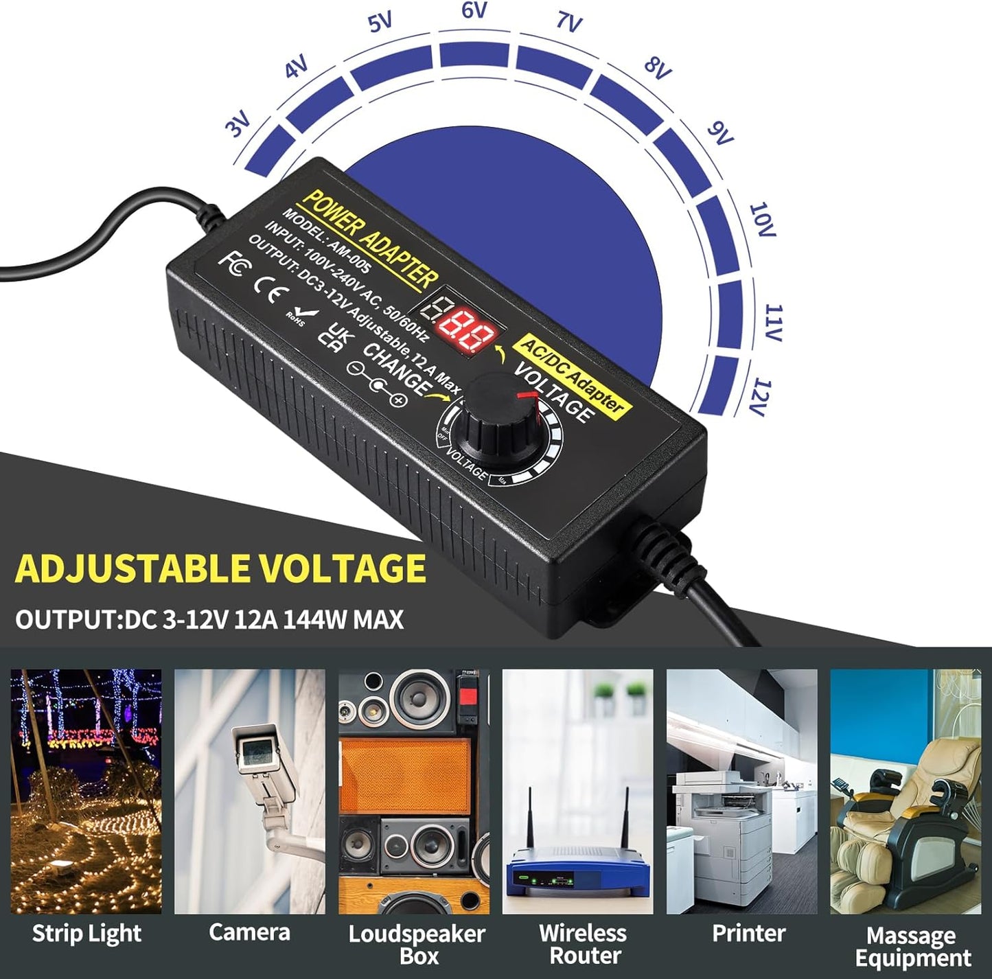 Universal Power Supply Adjustable 3V~12V 12A 144W Variable Switching Power Adapter 100V-240V AC to DC Converter Transformer with 14 Plugs&Polarity Converter,LED Voltage Display3V4V5V6V7V8V9V10V11V12V