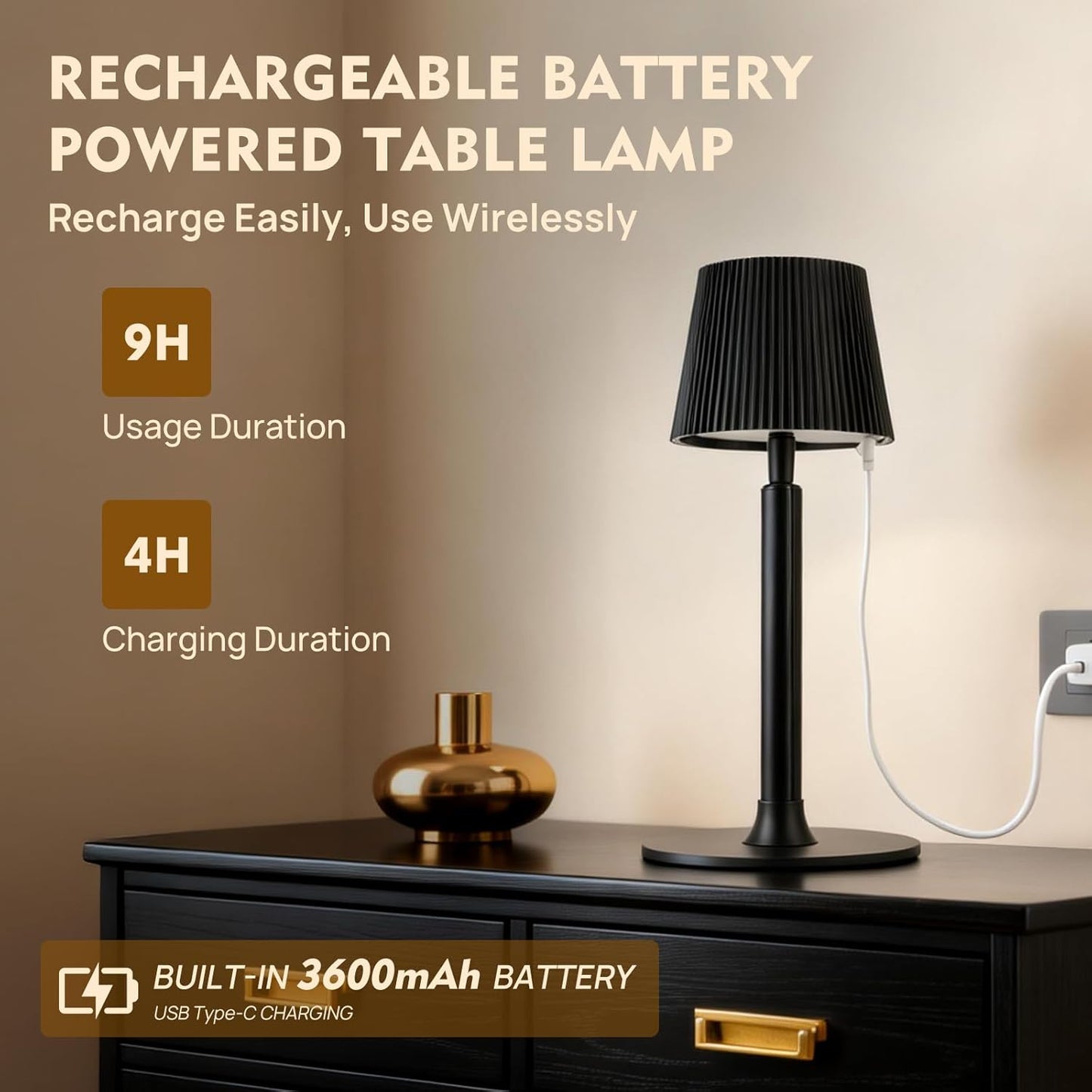 Modern LED Floor Lamp for Living Room, Tall Standing Lamp for Corner, Reading, Cordless, Rechargeable, Dimmable, Height Adjustable for Table, Desk, Outdoor, Patio, Bedroom, Black