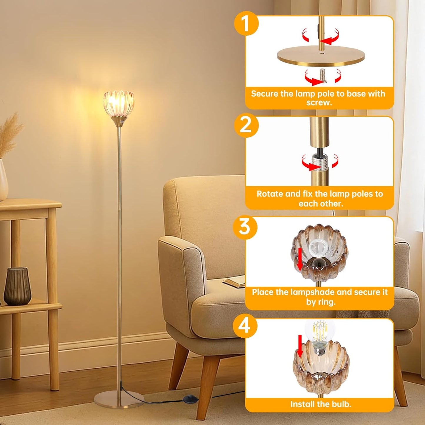 Floor Lamps for Living Room, Bedroom, Gold Standing Lamp with 12W Bulb, Vintage Floor Lamp for Reading, Nursery, Corner (Amber Tulip)