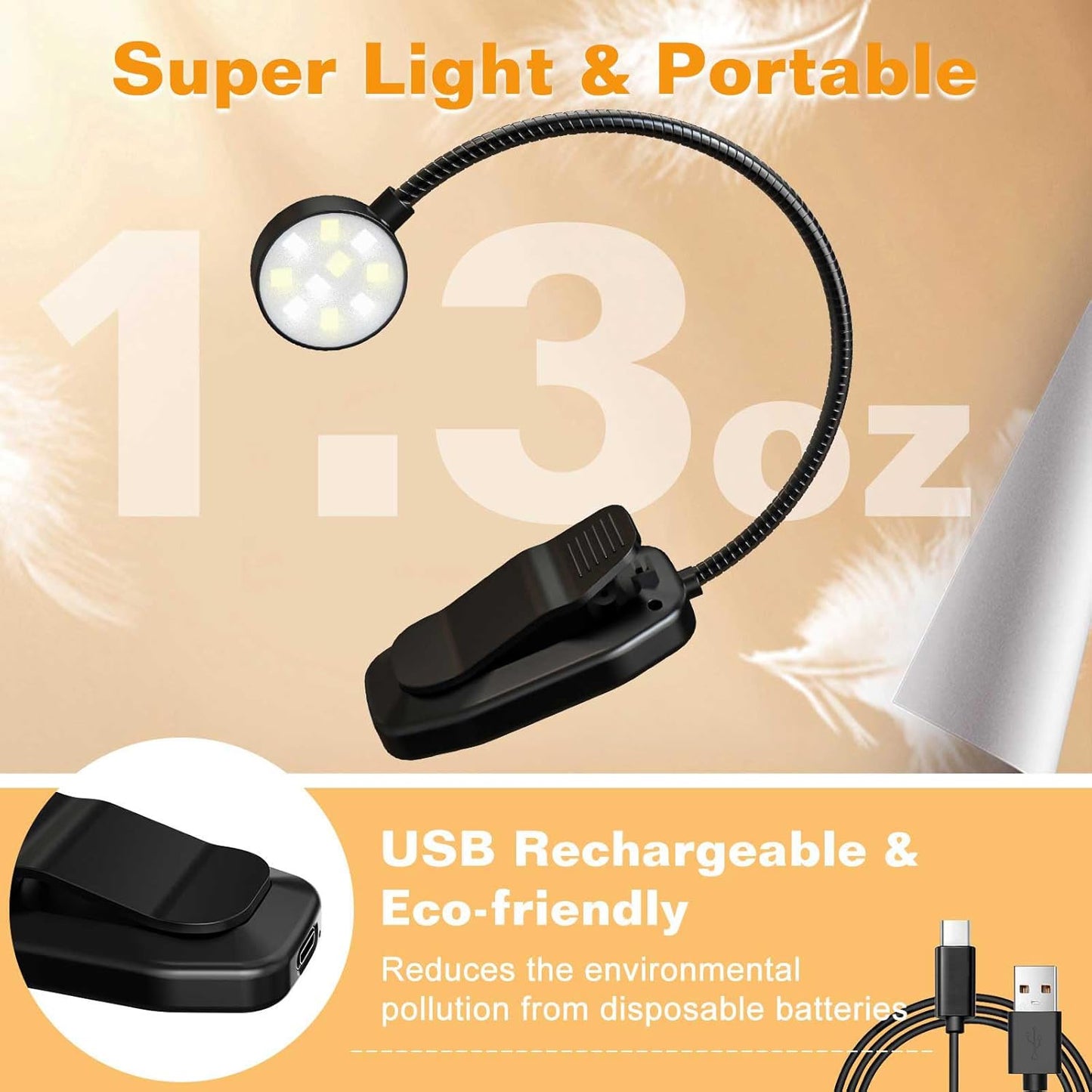 Rechargeable Book Light for Reading in Bed, Eye Caring Book Reading Lamp with 10 LED Modes,1.3 oz Lightweight Portable Clip on Light, 360° Adjustable Clamp Light Perfect for Readers