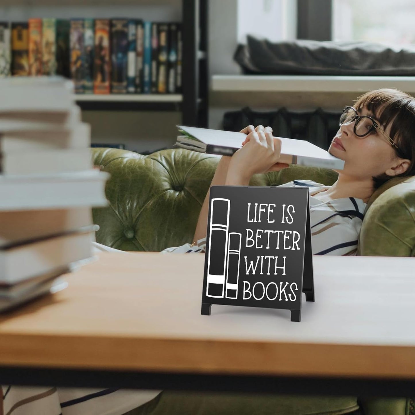 Life Is Better With Books Desk Decor Sign Retro Bookstore Table Display for Home Office Reading Nook Library Bookshelf Christmas Gift for Readers Nerd Bookworms Librarians