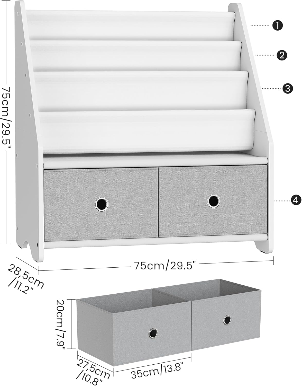 Kids Bookshelf and Toy Storage, 4 Tier Large Capacity Kids Book Rack, Sling Kid Bookcase, for Kids Room, Nursery, Playroom, White and Gray MCW06WT