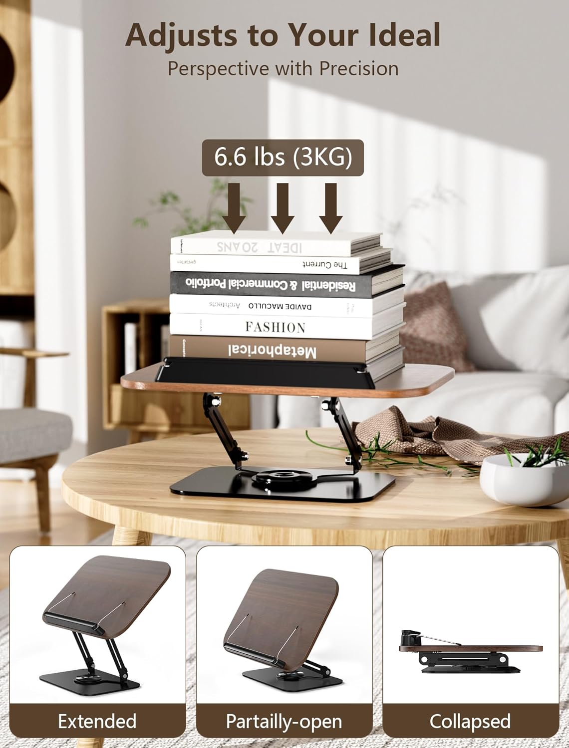 Book Stand for Reading, Adjustable Book Holder with 360° Rotating Base Foldable & Portable Cookbook Stand with Elastic Page Clip for Kindle Office Kitchen Recipe School Textbook Magazine Tablet Laptop