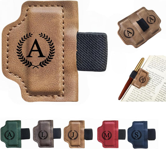 MOTEERLLU Custom Bygonemark Personalized Magnetic Leather Pen Holder Bookmark with Initial for Reading Women, Men, Teacher, Book Lovers Gifts & Accessories(Brown,A)
