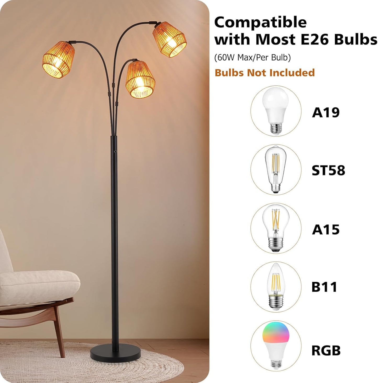 9MMML Vintage Black Arc Floor Lamp with Rotatable Arms & Rattan Lampshade, 3-Light Mode Rotary Switch Adjustable, 72.5'' Tall Standing Lamp for Living Room, Bedroom, E26 Base