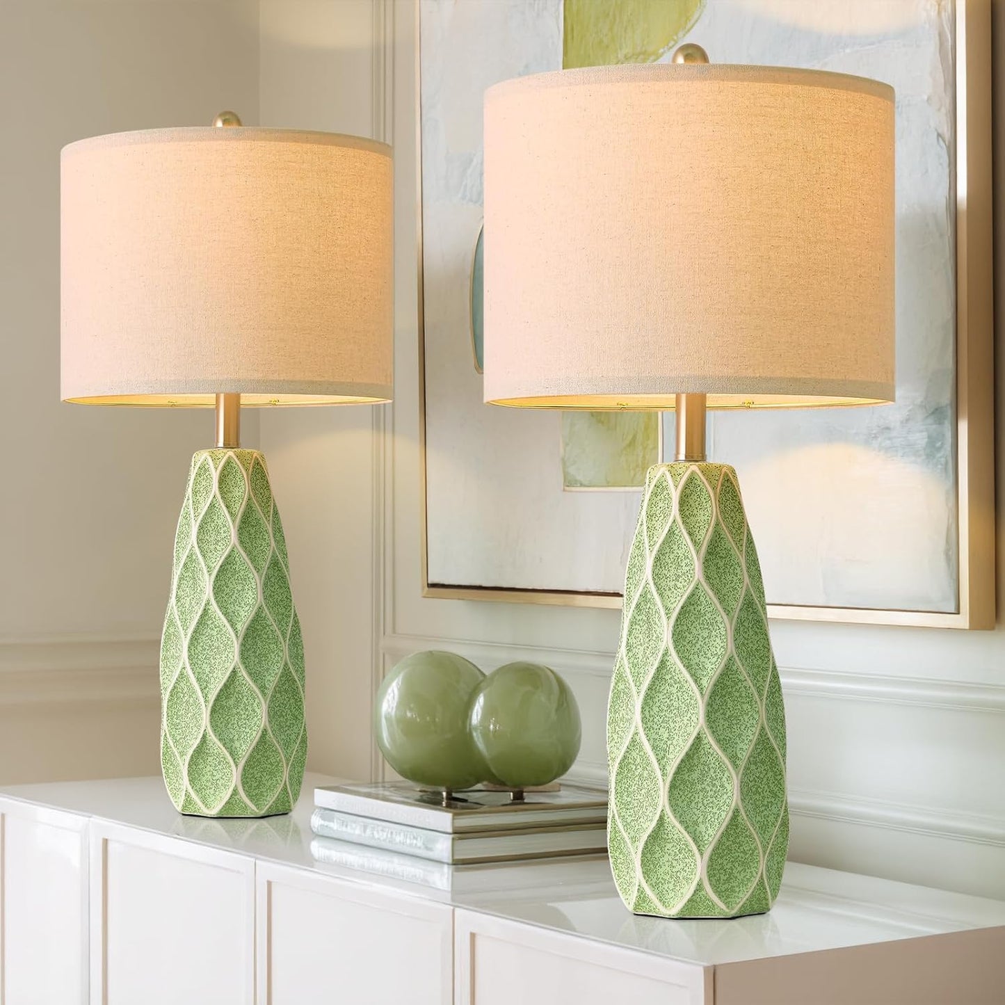 27.5" Ceramic Table Lamps for Living Room Bedroom Lamps Set of 2 Modern Boho Bedside Lamps Night Stands Farmhouse Vintage Large Nightstand Lamp Reading Light Home Office Dorm Desk Deco Gifts, Green