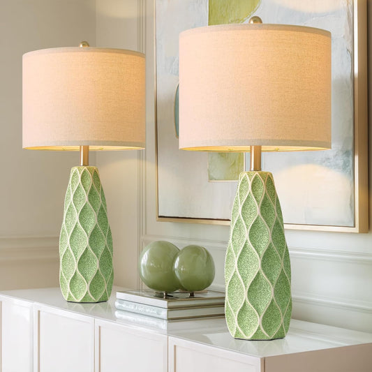 27.5" Ceramic Table Lamps for Living Room Bedroom Lamps Set of 2 Modern Boho Bedside Lamps Night Stands Farmhouse Vintage Large Nightstand Lamp Reading Light Home Office Dorm Desk Deco Gifts, Green