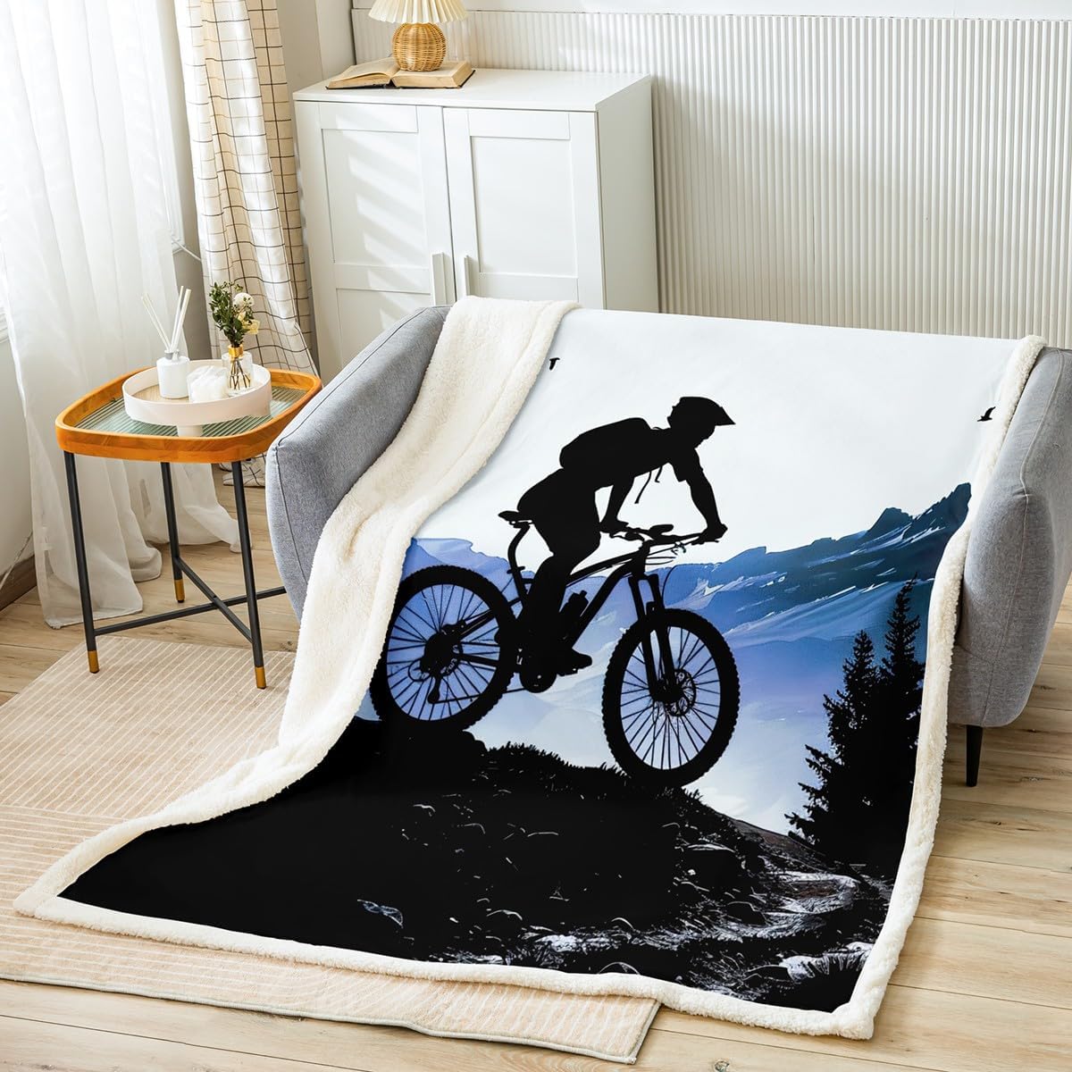 Mountain Bike Fleece Flannel Throws Motocross Racer Extreme Sport Theme Soft Cozy Fleece Blankets for Kids Boys Girls 3D Dirt Bike Decor Throw Blankets Bicycle Rider for Sofa Bed Couch