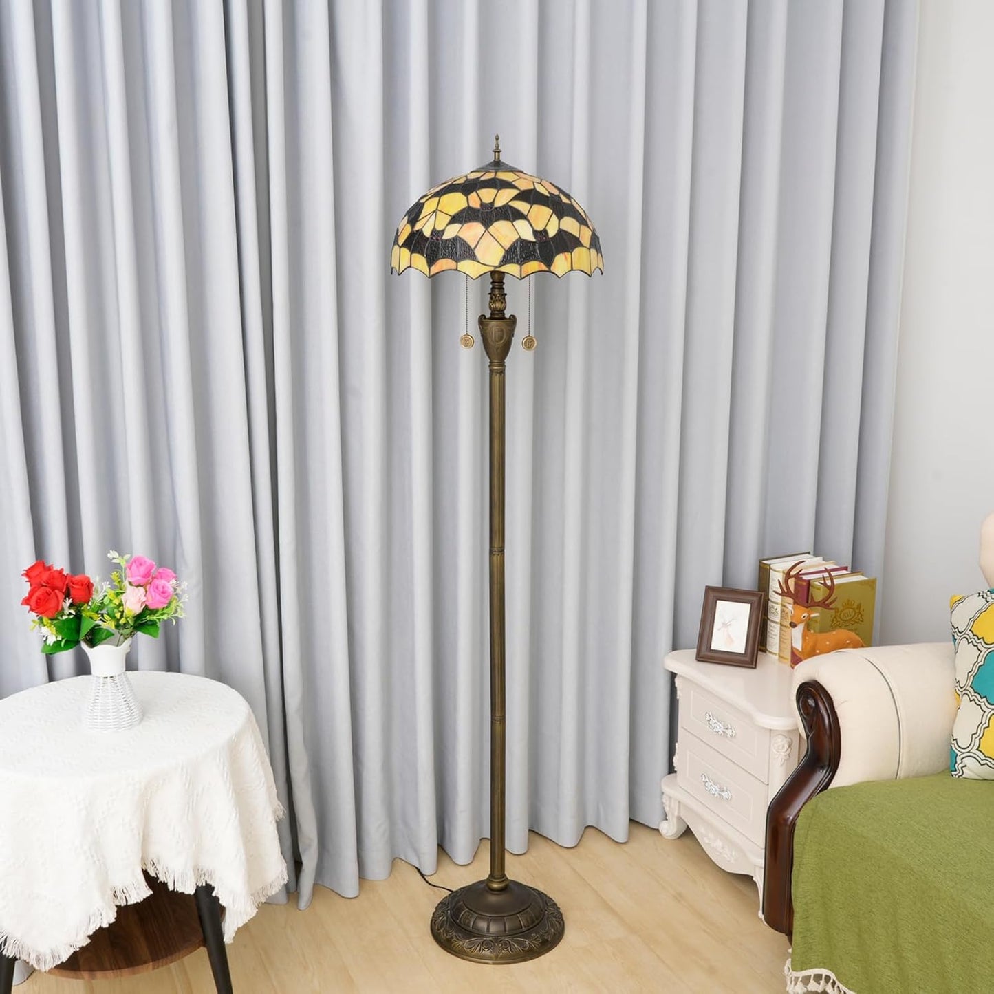 Tiffany Black Bats Floor Lamp Stained Glass lamp for Living Room Bedroom Office Bright Lighting Rustic Corner Decor Standing Tall Unique Vintage Reading Aesthetic Light