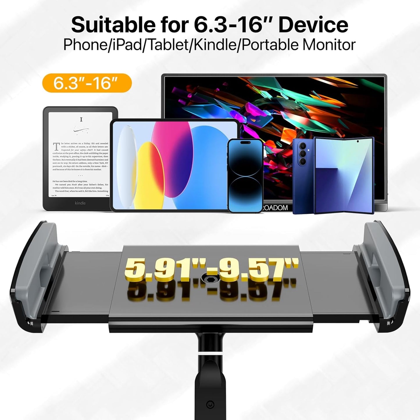 Tablet Stand Holder-Adjustable iPad Desk Mount with 360° Rotating Base for 6.3-16" Devices-Foldable Aluminum ipad Arm Mount for Desk,Bed,Kitchen-Compatible with iPhone,iPad,Tablet,Portable Monitor