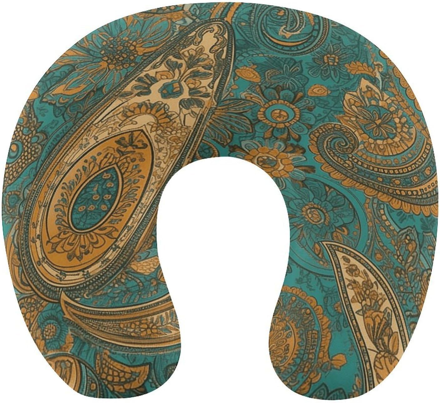 Yellow Paisley Pattern Neck Pillow Memory Foam U Shaped Pillows Portable Pillows for Shoulder Travel Head Support Pillow with Concealed Zipper for Airplane Car Home Office