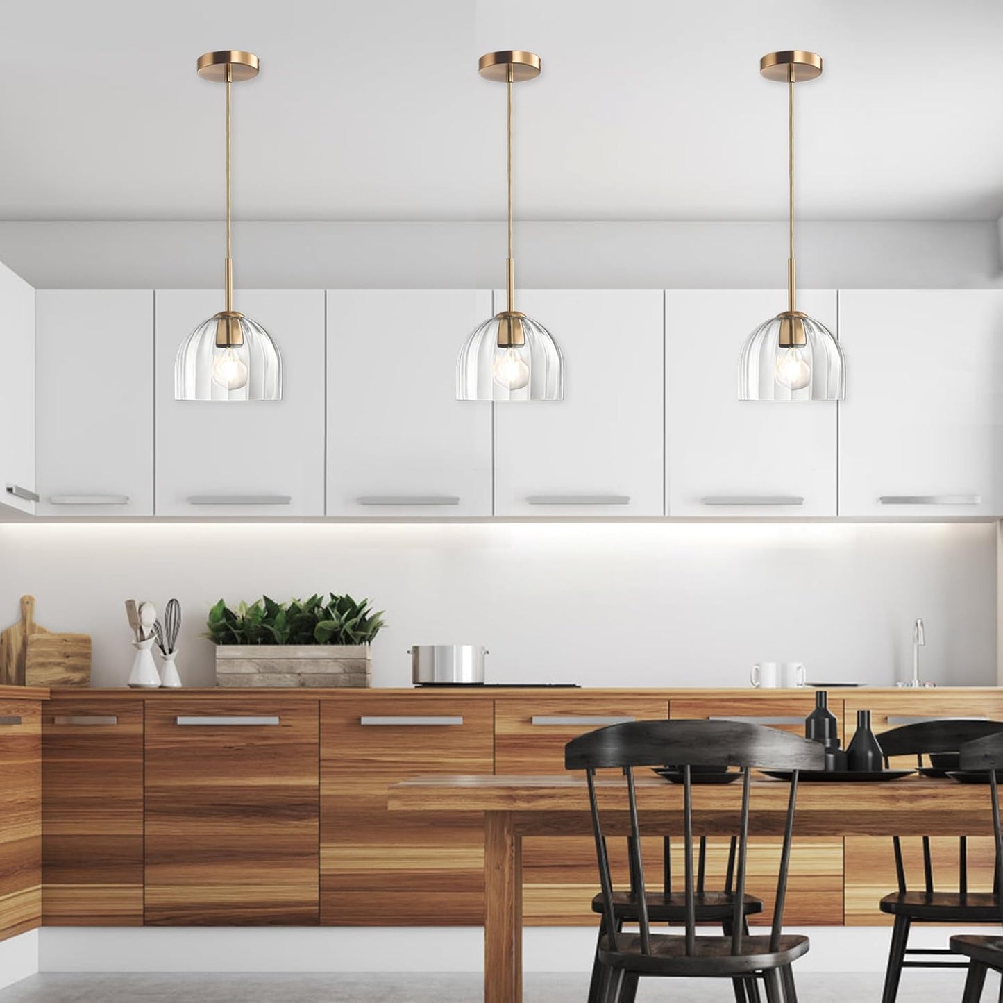 Modern Pendant Light Kitchen Island, Nordic Boho Dome Chandelier, 7.86" Bell Lamp Shape Hanging Ceiling Lighting Fixture with Clear Striped Glass Lampshade Dining Room