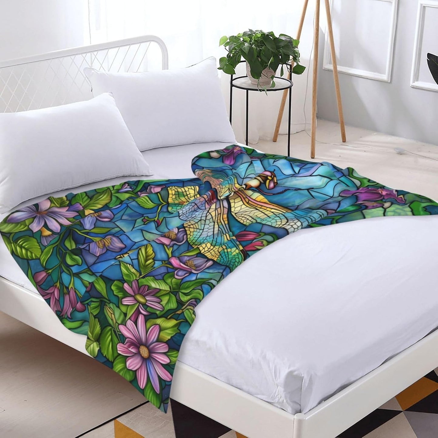 Generic Stained Glass Dragonfly Throw Blanket, Multicolor, 60"x80", Flannel, Lightweight, All Seasons, Reading, Napping, Camping, Travel, Gifting