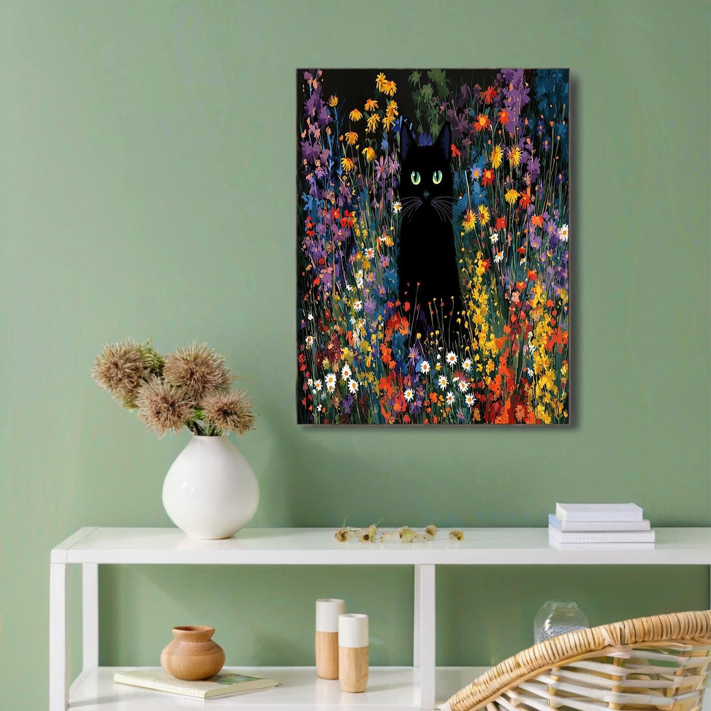 GDJSMIN Country Style Wall Art, Black Cat Wildflower Print Poster for Reading Room Living Room Decor 16x 24 inch Unframed