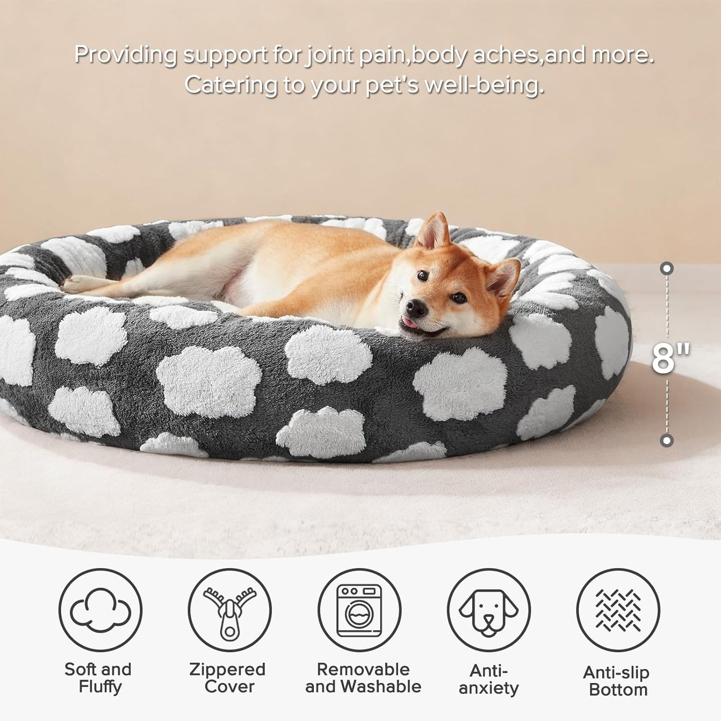 JOEJOY Donut Dog Bed Medium Size Dog, Cute Round Calming Pet Bed with Removable Washable Cover, Orthopedic Puppy Bed with Jacquard Shaggy Plush & Non Skid Bottom