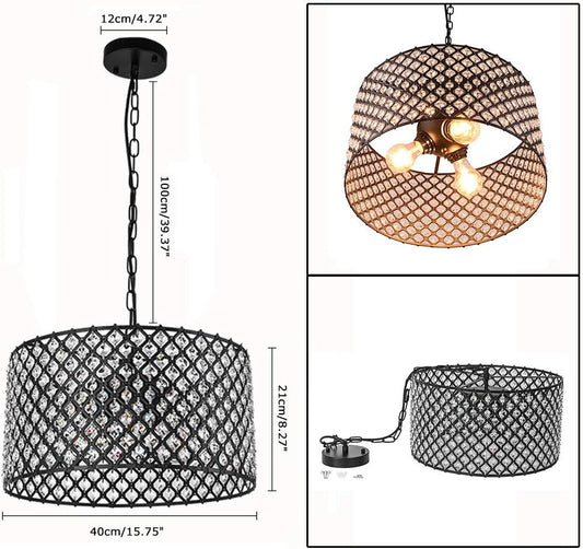 Lingkai 15.75“ Modern Crystal Chandelier Pendant Light Fixture 3-Light Hanging Pendant Ceiling Lamp Caged Metal Drum Shade Black Finish