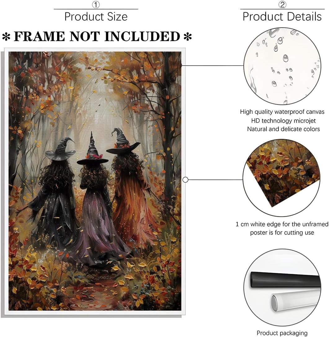 KBBYT Halloween Witch Wall Art Three Witches in The Forest Poster Vintage Witchy Canvas Print Autumn Forest Wall Decor Gothic Spooky Fall Dark Academia Decor for Bedroom Living Room 8X12inch Unframed