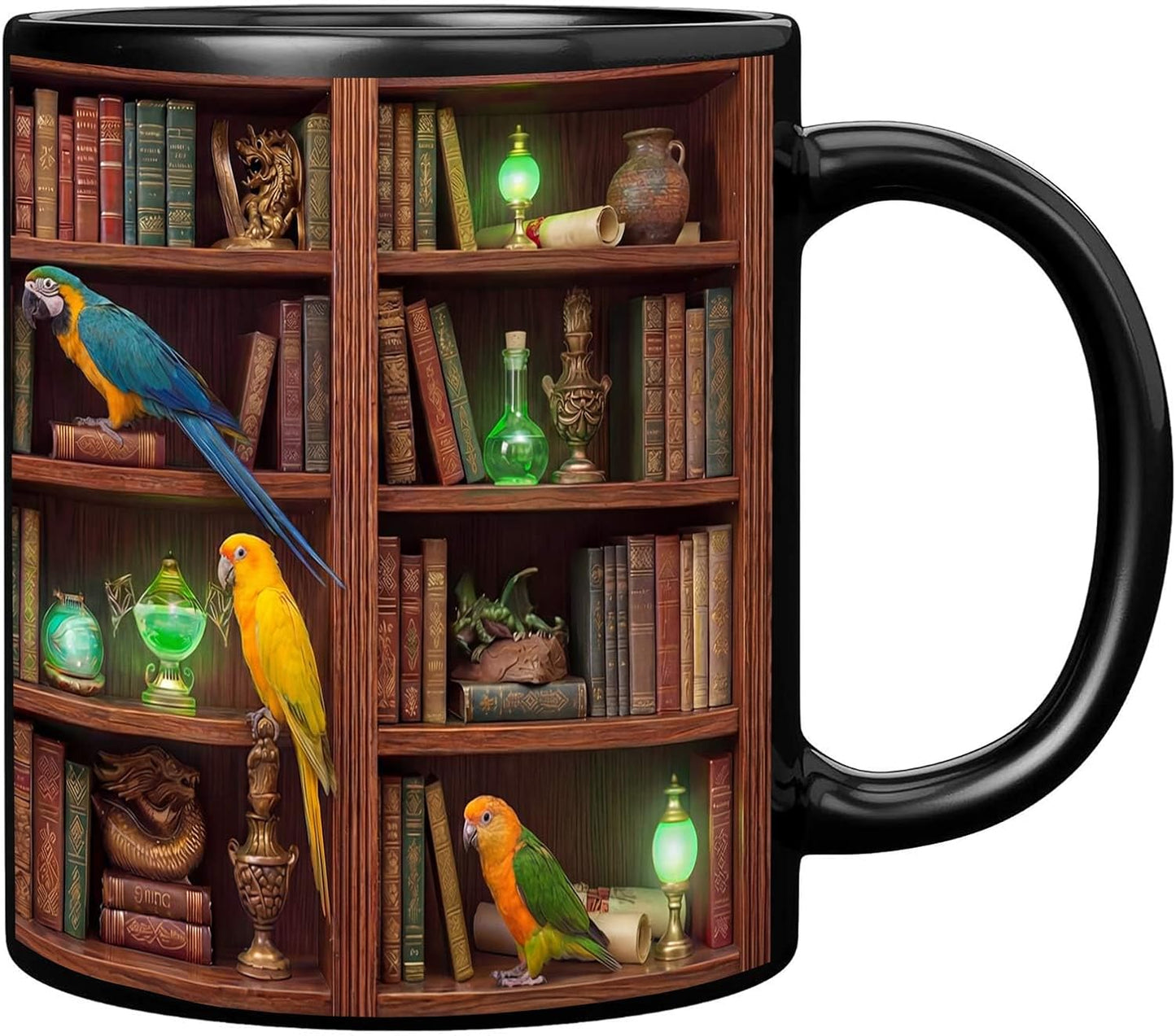 11 Oz Black Ceramic Parrot Library Mug, Double Sided Print, Dishwasher Safe Coffee Cup for Book Lovers, Microwave Safe Novelty Tea Cup
