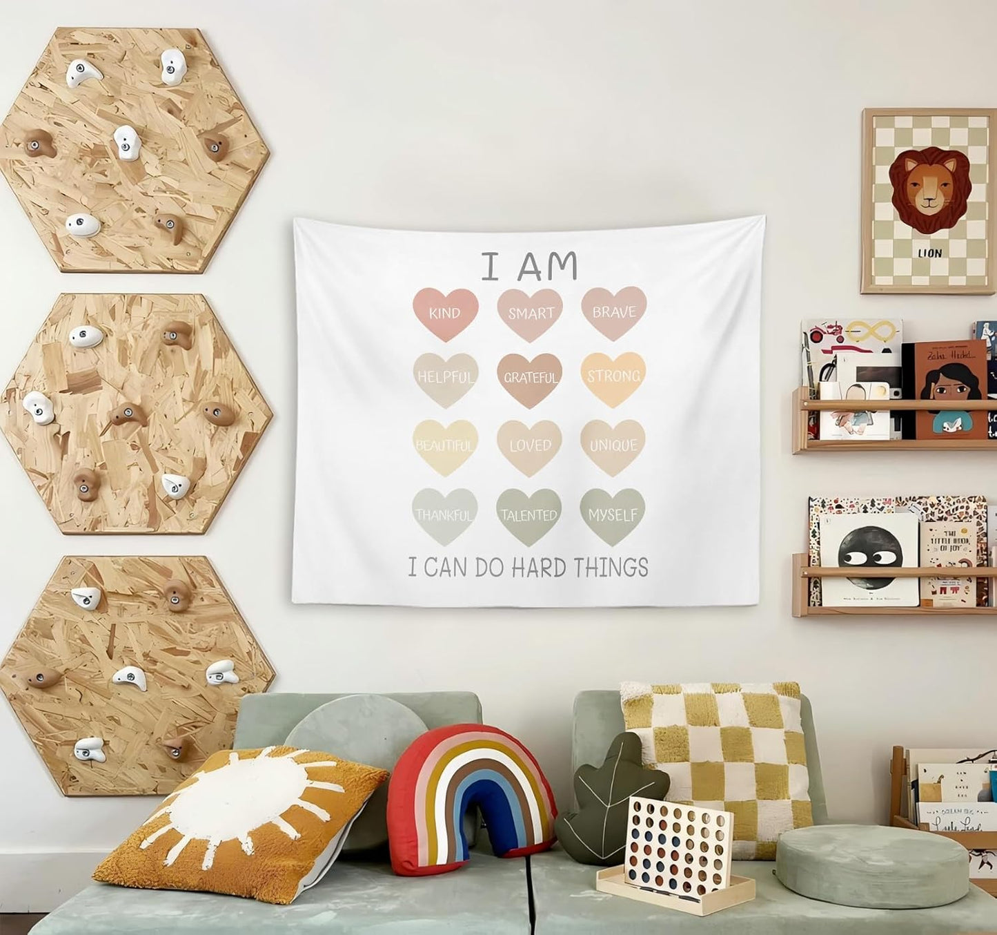 OXW Classroom Decor Kids Tapestry Wall Hanging, Playroom Wall Decor, Nursery Wall Decor for Kids, Classroom Nursery Tapestry, I Am Kind I Am Brave Wall Art, 50x60 inches