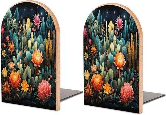 Colorful Cactus Pattern Bookends 1 Pair Heavy Duty Book Ends for Shelves Non-Skid Bookend Supports Wooden Book Holders with Metal Base Desk Organizers Books Storage to Hold Books