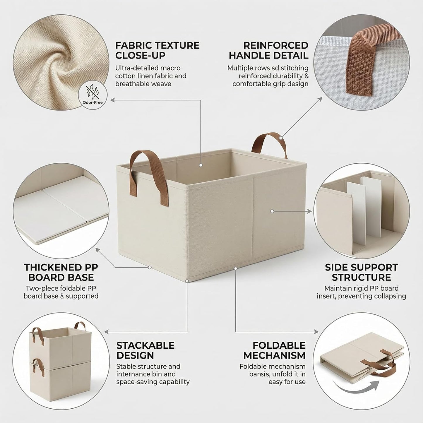 3 Pack Storage Bins Fabric Collapsible Organizers with Handles Sturdy Canvas with PP Board 17.9”x 11”x 7.9” Beige Foldable Storage Box for Closet Shelves, Books, Toys, Clothes, Office Organization