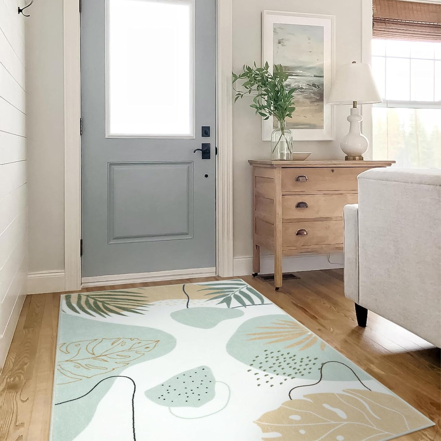 Seavish Boho Area Rugs for Bedroom Aesthetic 3x5 Green Abstract Rugs for Living Room Soft Botanical Print Kids Nursery Playroom Rug Mid Century Modern Leaf Rug for Entryway Office Classroom Dorm