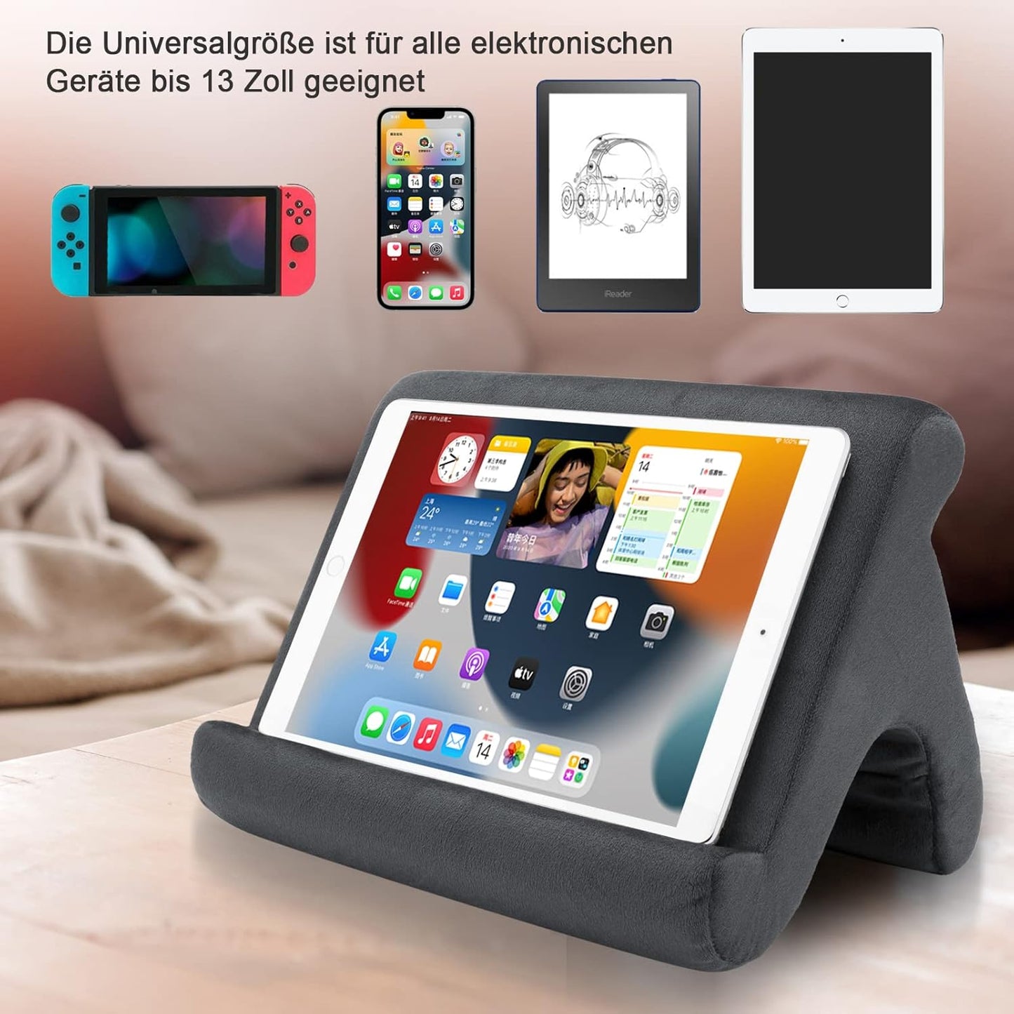 Tablet Pillow Stand - Holder & Dock for Bed with 3 Viewing Angles, Compatible with Tablets, Phones & iPad Pro 9.7, 10.5, 12.9 Air Mini 4, 3, Kindle, E-Reader & Books (Grey)