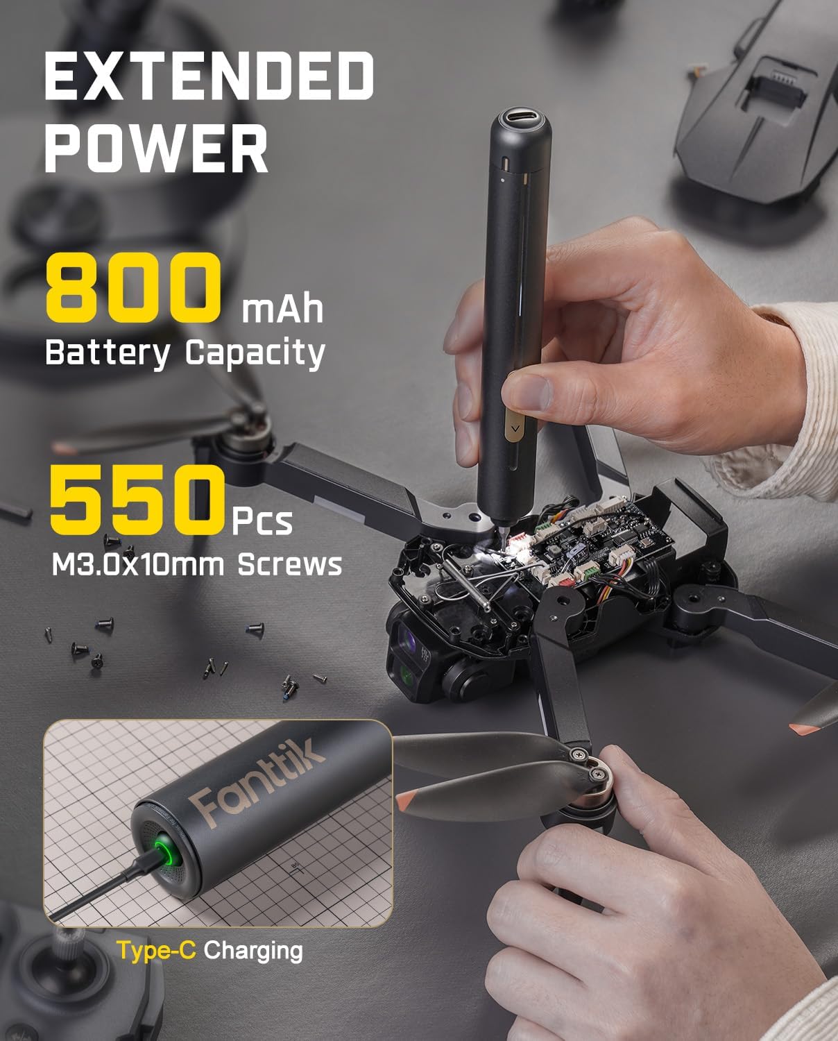 Fanttik E2 Ultra Mini Electric Screwdriver, Cordless Screwdriver, Max 0.6N.m, 50 Magnetic Bits, 5/32'' Hex, Magnetic Storage, Repair Tool for Electronics, Camera, Laptop, and PC Build (Grey)