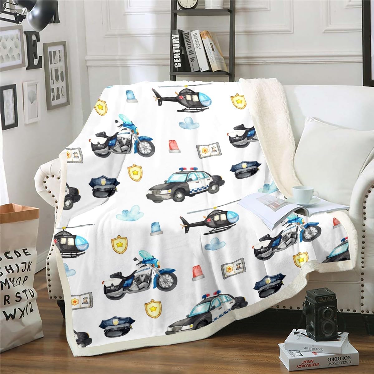 Boys Aircraft Sherpa Blanket Kids Toddler Cool Police Car Motorcycle Fleece Throw Blanket Girls Teens Helicopter Flying Plane Fuzzy Blanket for Sofa Bed Couch Watercolor Decor,Throw 50x60 Inches