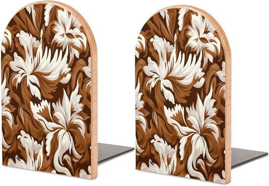 Brown and White Pattern Bookends 1 Pair Heavy Duty Book Ends for Shelves Non-Skid Bookend Supports Wooden Book Holders with Metal Base Desk Organizers Books Storage to Hold Books