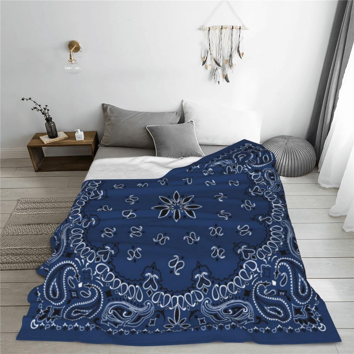 Home Decor Throw Blanket, Blue Paisley Bandana Scarf Classic, Warm Soft Cozy Flannel Bed Blankets for Bed, Couch, Sofa and Chair, All Seasons Suitable, 80x60 inches