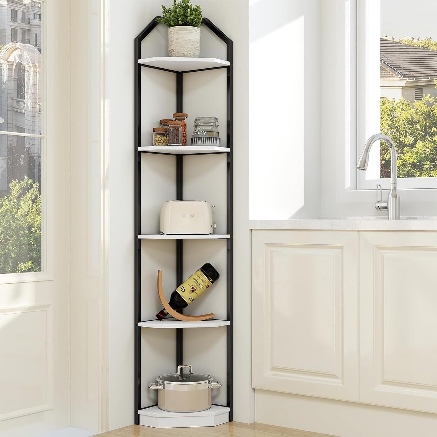 5 Tier Corner Wall Shelf Stand, 70" Metal Corner Shelves Bookshelf Display Shelf for Living Room Decor, Tall Plant Stand Multi Unit Organizer, Standing Shelf for Bedroom,Bathroom,Small Space (White)