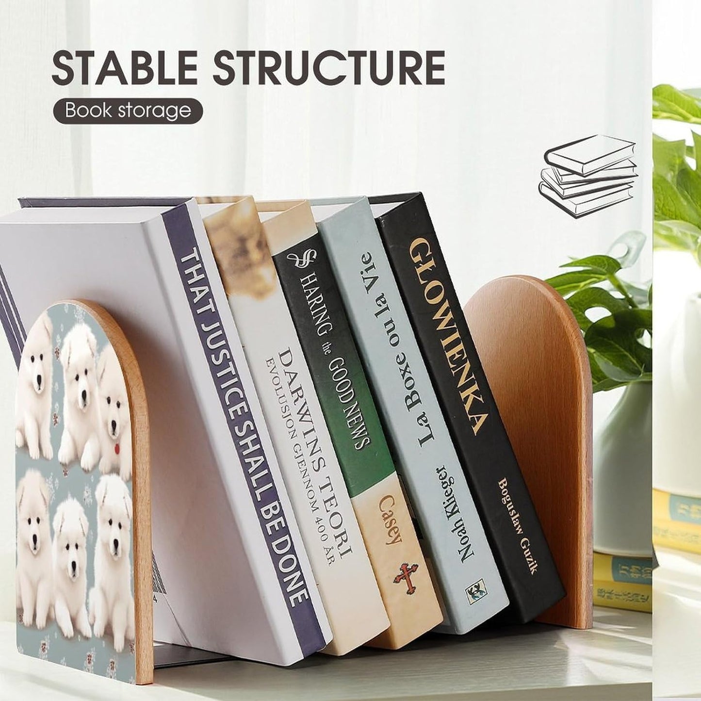 Little White Dogs Pattern Bookend for Shelves Wooden Book End Large Size Sturdy Book Holders Stoppers with Metal Base for Bookshelves Slick Decorative Bookends Stands